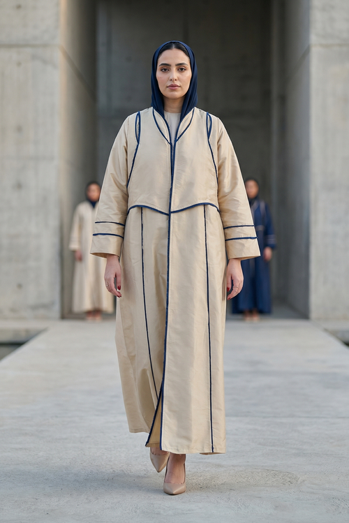Beige Taffeta Abaya with Sculpted Royal-Blue Panel Piping