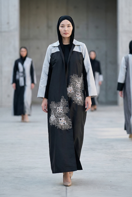 Two-Tone Abaya with Hand-Embellished Radiant Burst Motifs