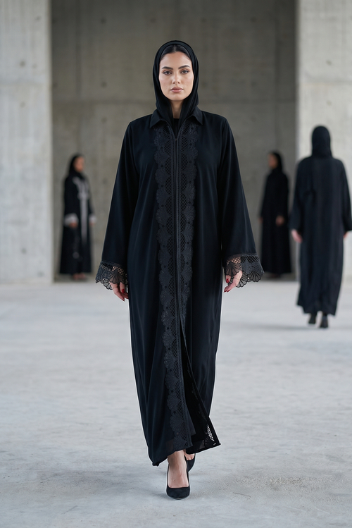 Black Abaya with Intricate Lace Paneling and Scalloped Embroidered Details