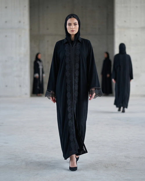 Black Abaya with Intricate Lace Paneling and Scalloped Embroidered Details