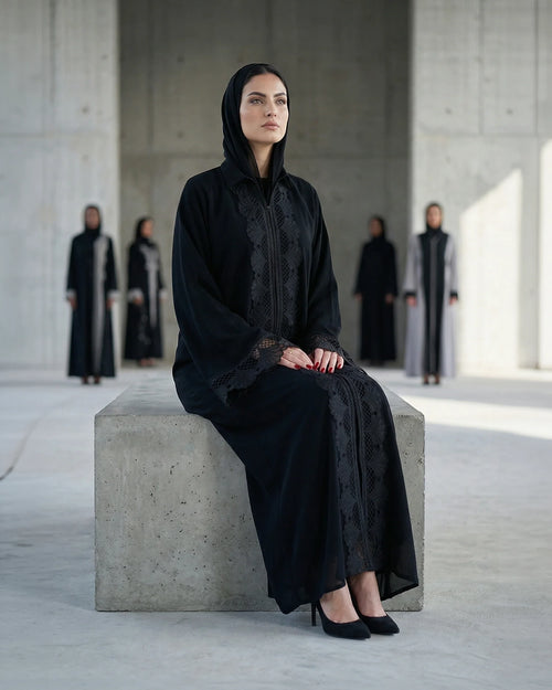 Black Abaya with Intricate Lace Paneling and Scalloped Embroidered Details – hover image