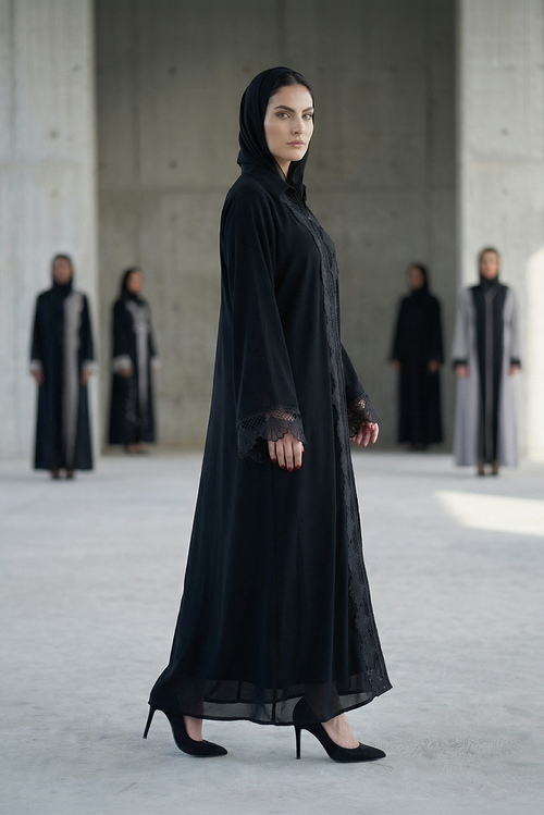 Black Abaya with Intricate Lace Paneling and Scalloped Embroidered Details – hover image
