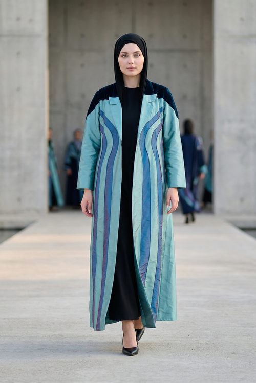 Teal Taffeta Abaya with Sculpted Velvet Panels & Ombre Wave Detailing