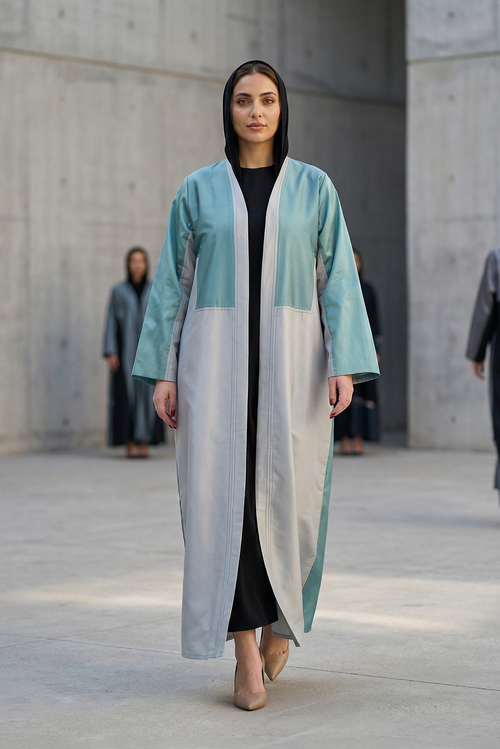 Two-Tone Satin Abaya with Contrasting Panel Design in Mint & Silver