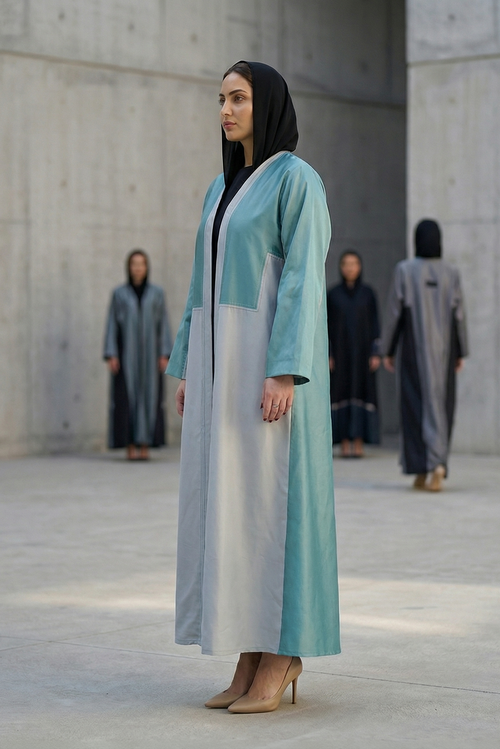 Two-Tone Satin Abaya with Contrasting Panel Design in Mint & Silver – hover image