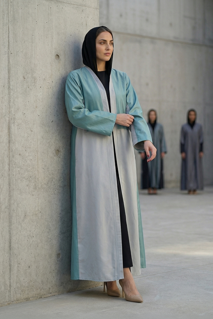 Two-Tone Satin Abaya with Contrasting Panel Design in Mint & Silver