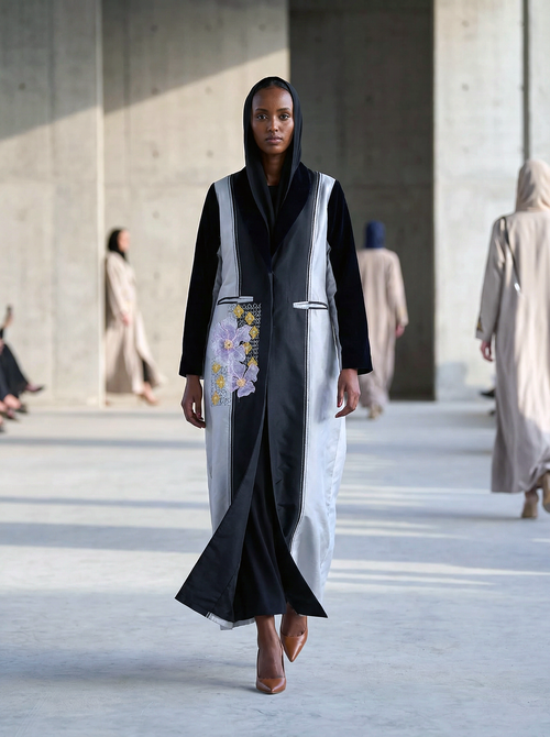 Silver Noir Panel Abaya with 3D Floral Appliqué & Velvet Details