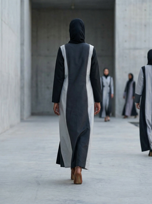 Silver Noir Panel Abaya with 3D Floral Appliqué & Velvet Details – hover image