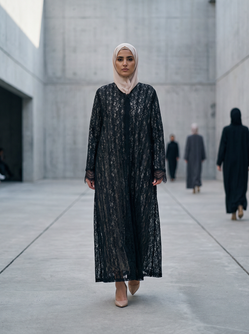Full Black Lace Abaya with Sheer Floral Overlay