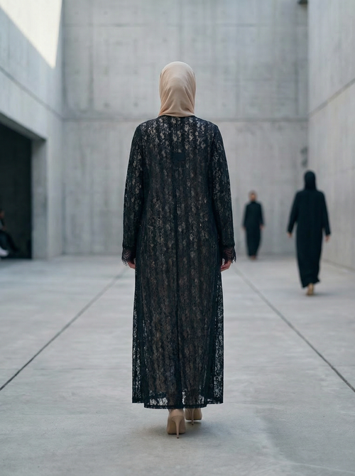 Full Black Lace Abaya with Sheer Floral Overlay – hover image