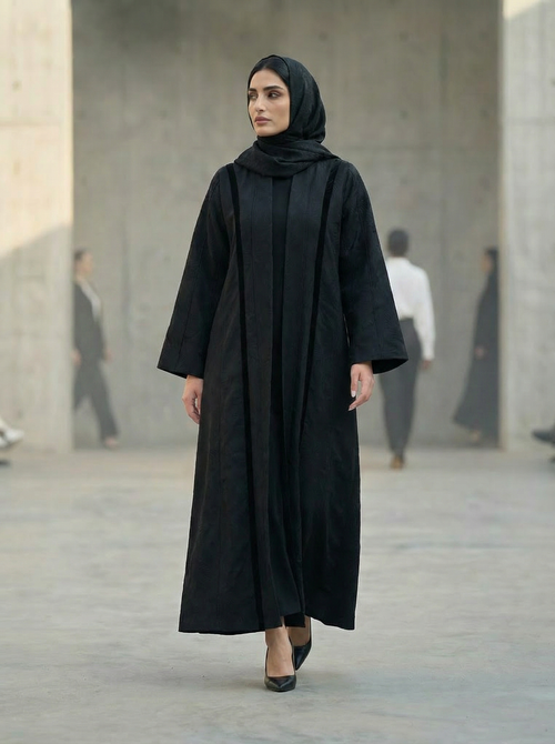 Black Textured Jacquard Abaya with Subtle Leaf Pattern & Flowing Silhouette