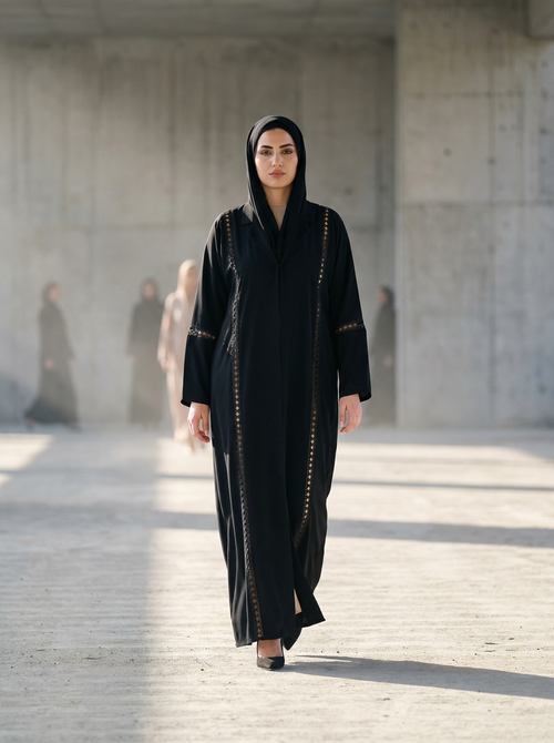 Black Aura Panel-Cut Abaya with Laser Lace Detailing