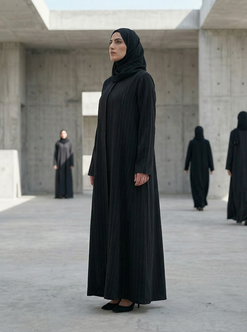 Pinstripe Textured premium Abaya with Subtle Shimmer Detailing – hover image