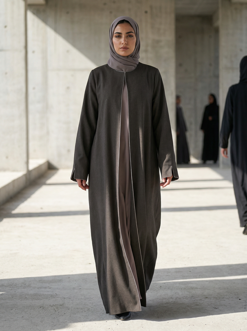 Minimal Textured Jacquard Abaya with Contrast Piping & Subtle Sleeve Slit