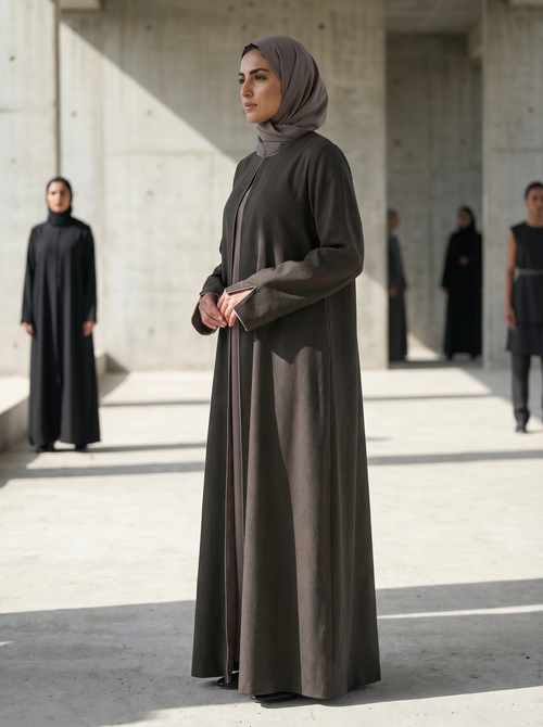 Minimal Textured Jacquard Abaya with Contrast Piping & Subtle Sleeve Slit – hover image