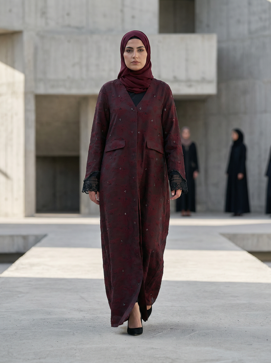Textured Premium Red Abaya with Embellished Detail & Lace Cuff Sleeves