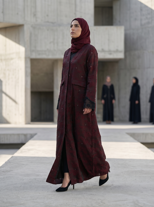 Textured Premium Abaya with Embellished Detail & Lace Cuff Sleeves – hover image