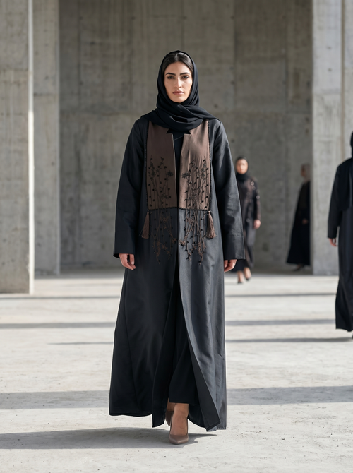 Taffeta Abaya with Embroidered Contrast Front Panel & Tassel Detail – hover image