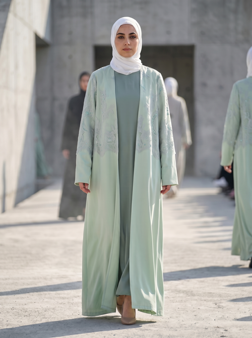 Sage Green Layered Crepe Abaya with Embellished Lace Overlay