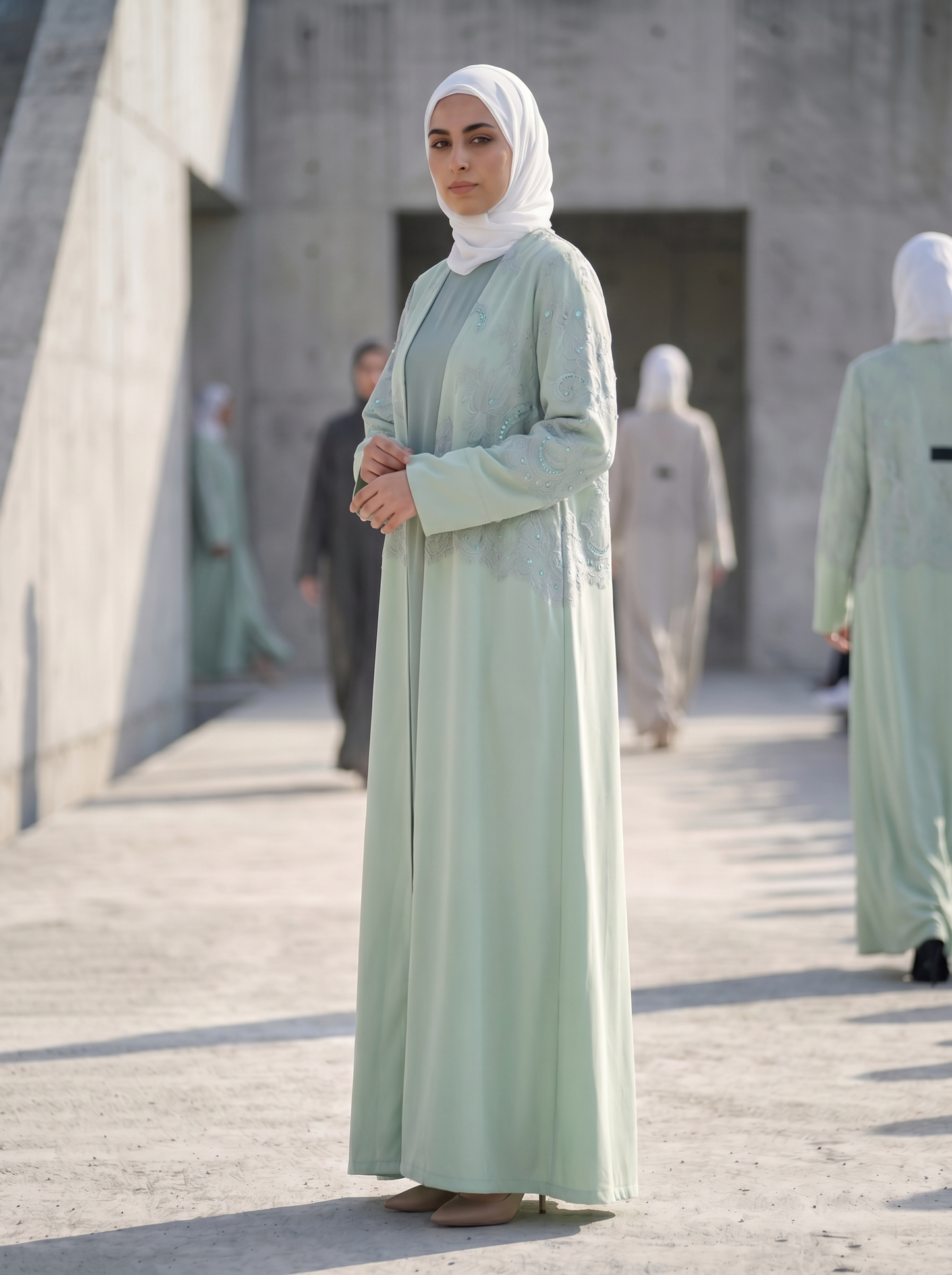 Sage Green Layered Crepe Abaya with Embellished Lace Overlay