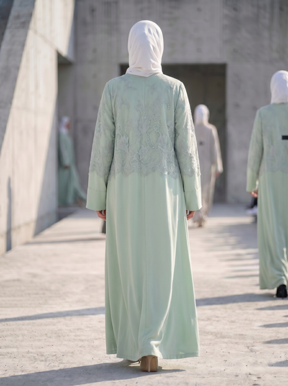 Sage Green Layered Crepe Abaya with Embellished Lace Overlay