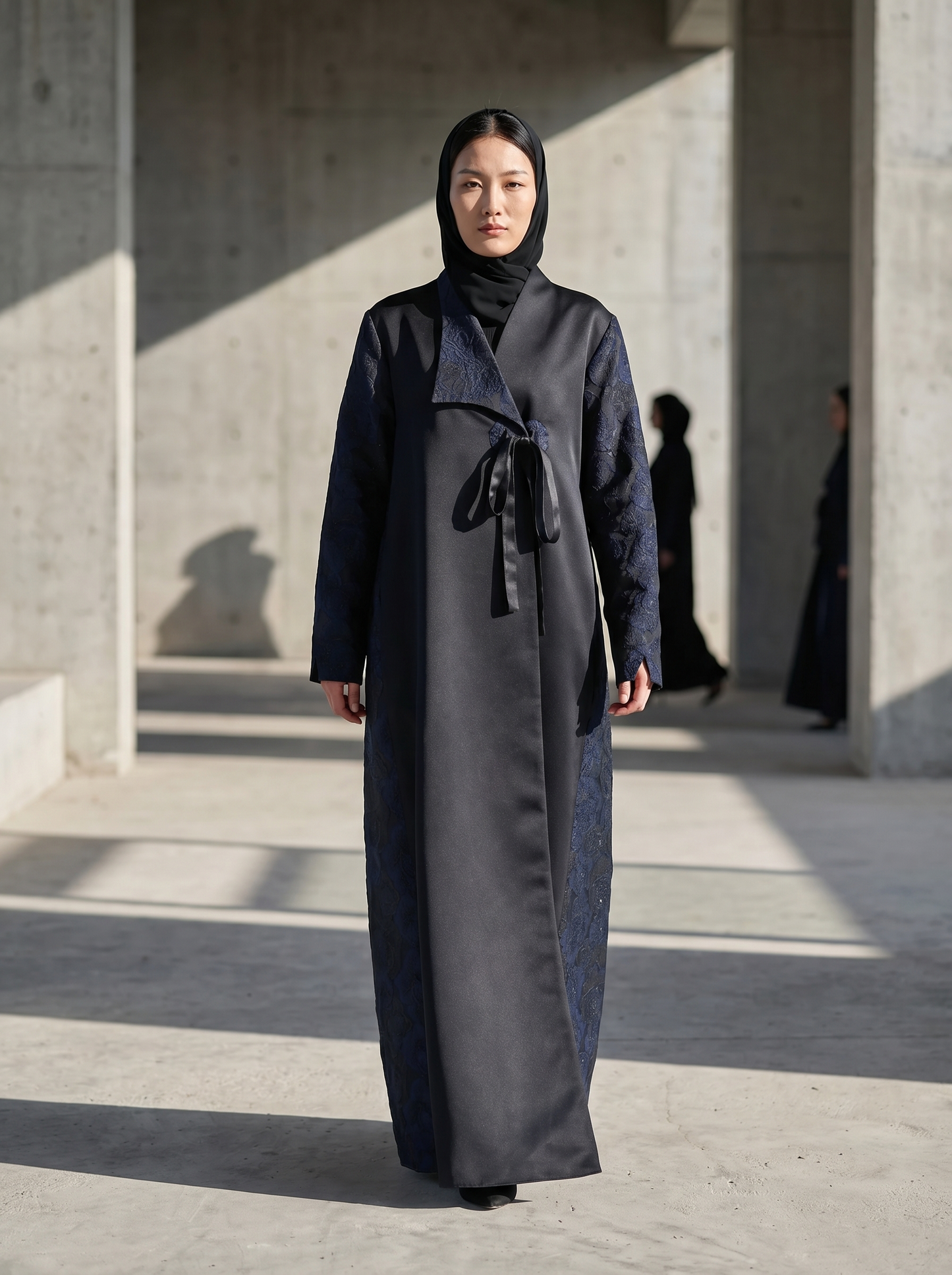 Black Satin Abaya with Navy Floral Jacquard Sleeves & Side Panels with Tie Detail
