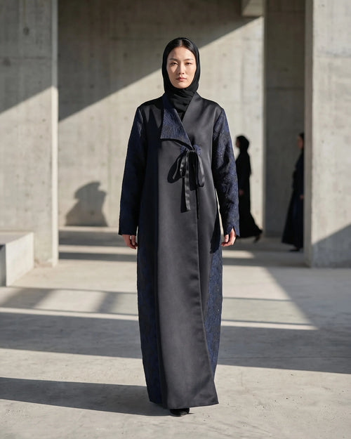 Black Satin Abaya with Navy Floral Jacquard Sleeves & Side Panels with Tie Detail