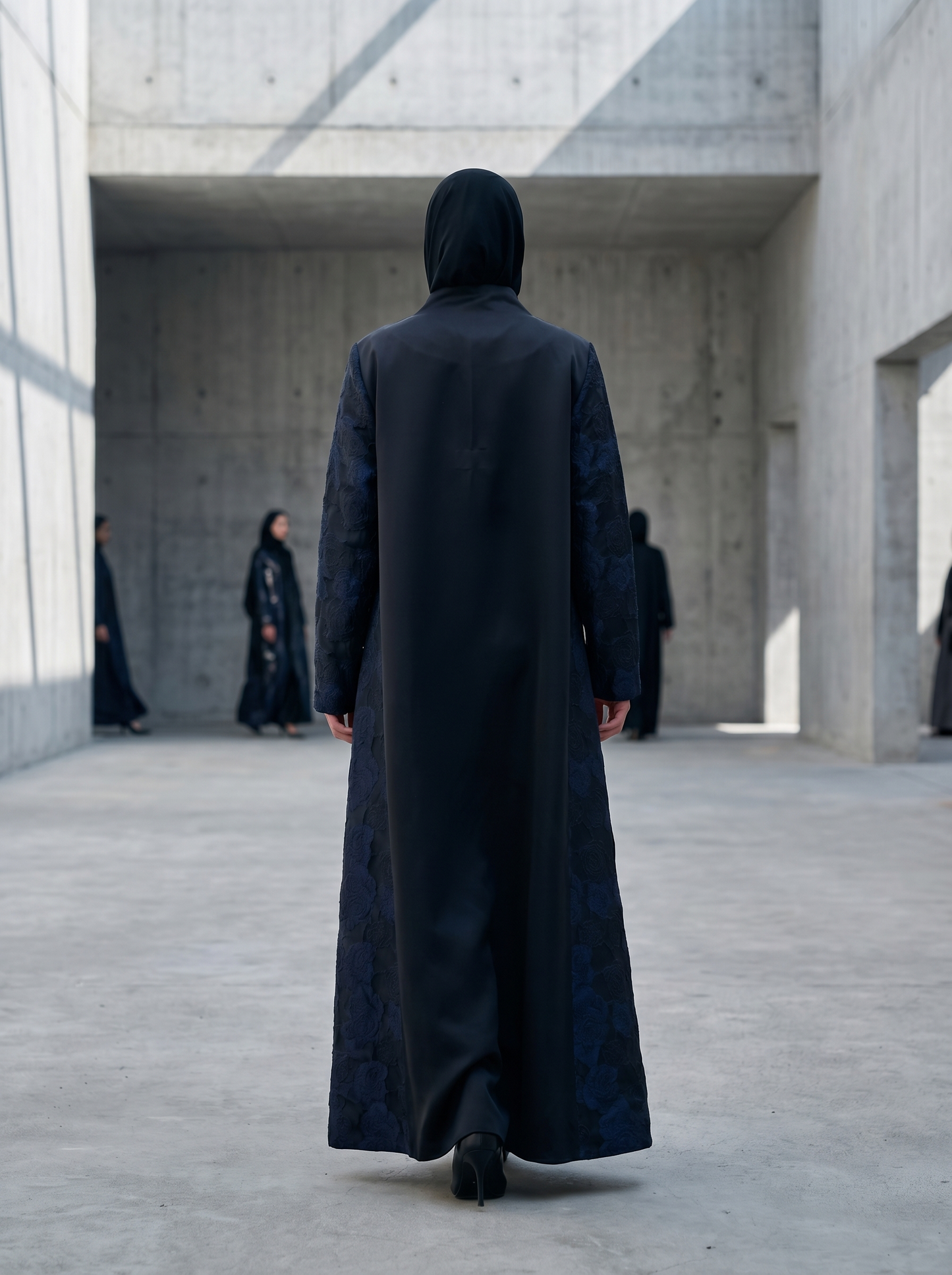 Black Satin Abaya with Navy Floral Jacquard Sleeves & Side Panels with Tie Detail