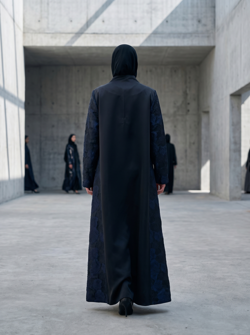 Black Satin Abaya with Navy Floral Jacquard Sleeves & Side Panels with Tie Detail – hover image