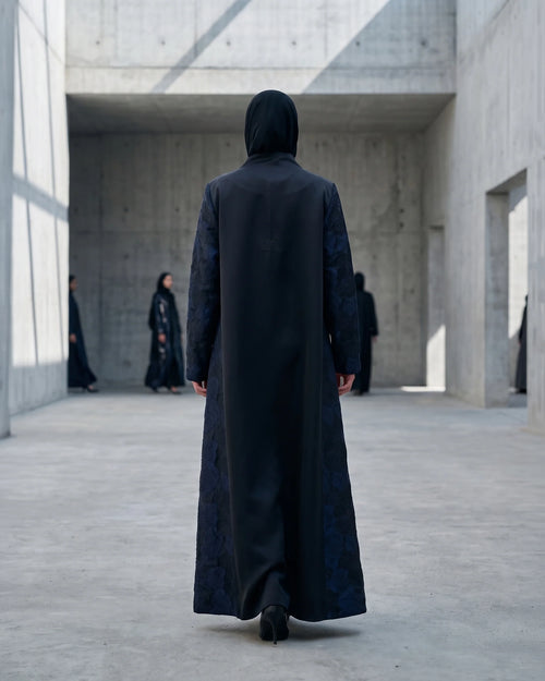 Black Satin Abaya with Navy Floral Jacquard Sleeves & Side Panels with Tie Detail – hover image