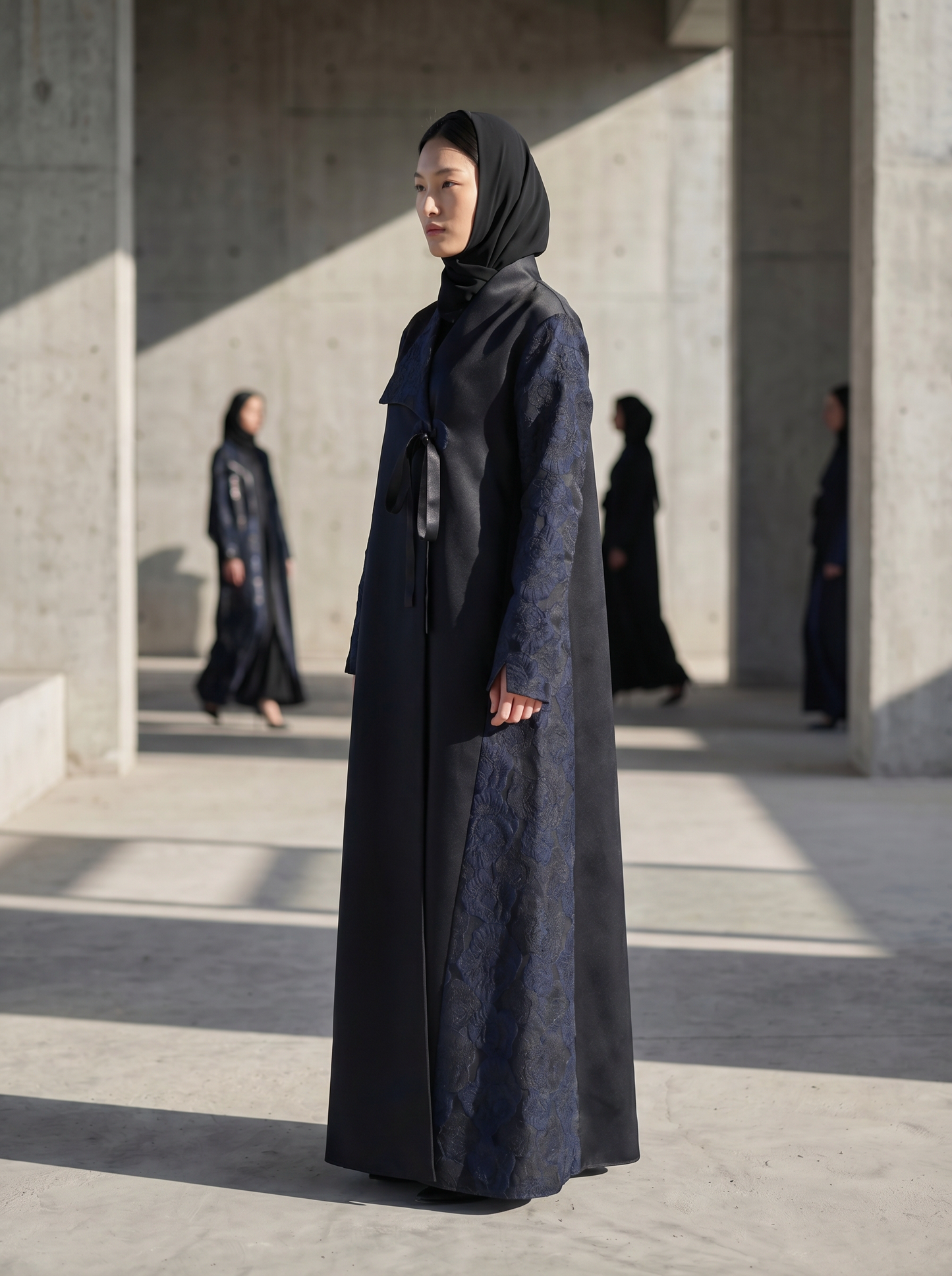 Black Satin Abaya with Navy Floral Jacquard Sleeves & Side Panels with Tie Detail