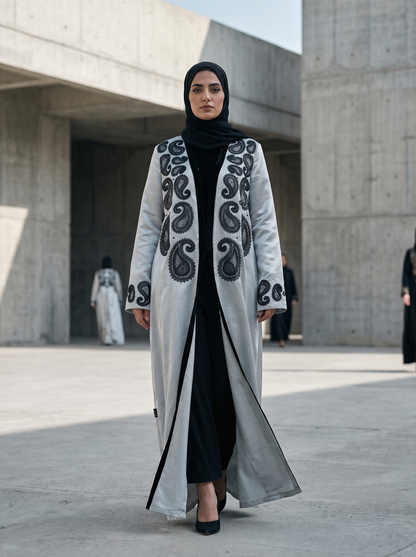Silver Grey Abaya with Black Paisley Embroidery & Inner Black Dress Set