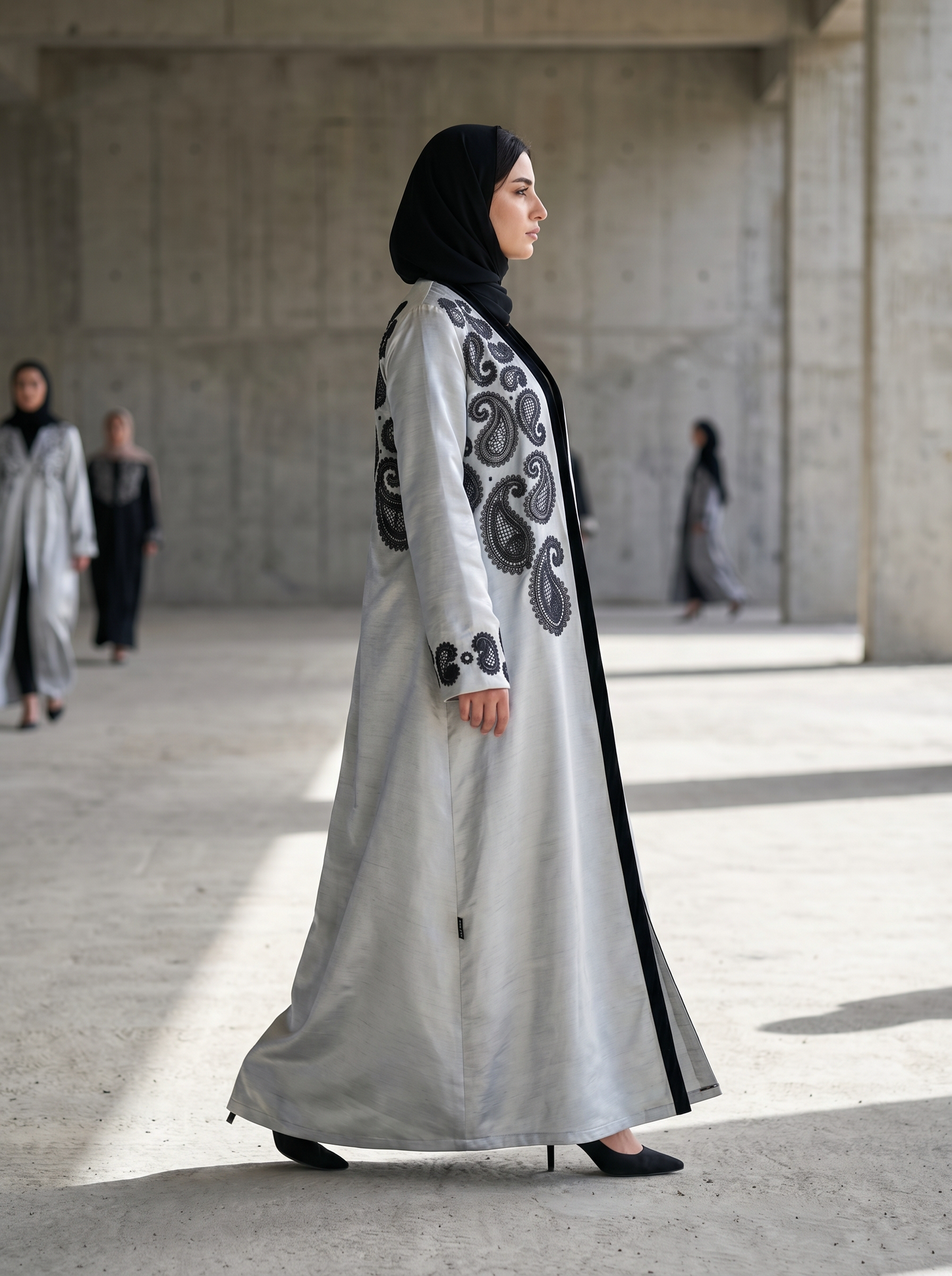 Silver Grey Abaya with Black Paisley Embroidery & Inner Black Dress Set