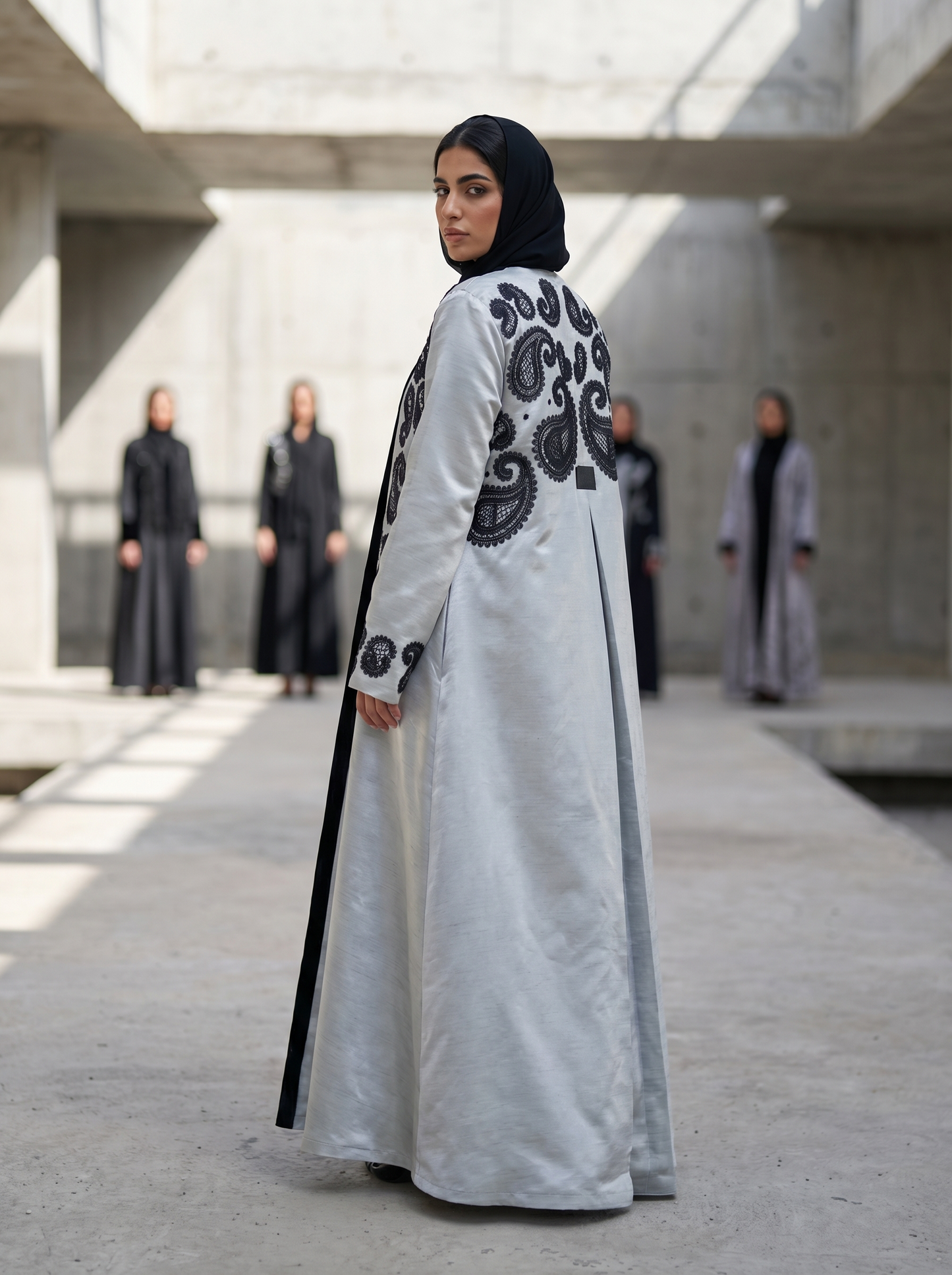 Silver Grey Abaya with Black Paisley Embroidery & Inner Black Dress Set