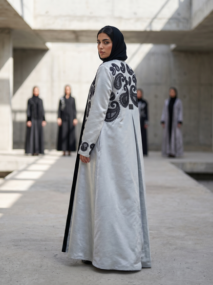 Silver Grey Abaya with Black Paisley Embroidery & Inner Black Dress Set