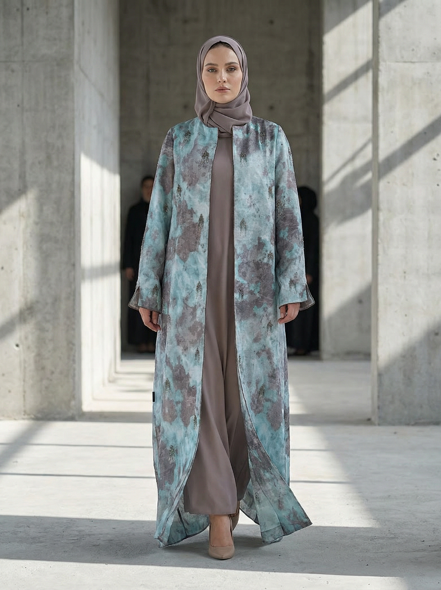 Turquoise & Grey Abstract Printed Abaya