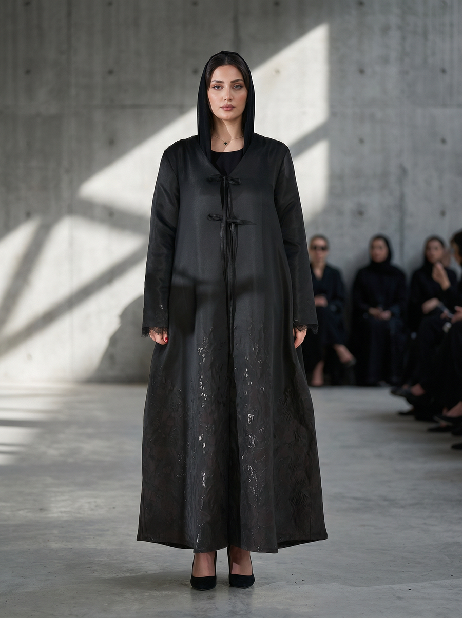 Noir Tie-Front Textured Evening Abaya