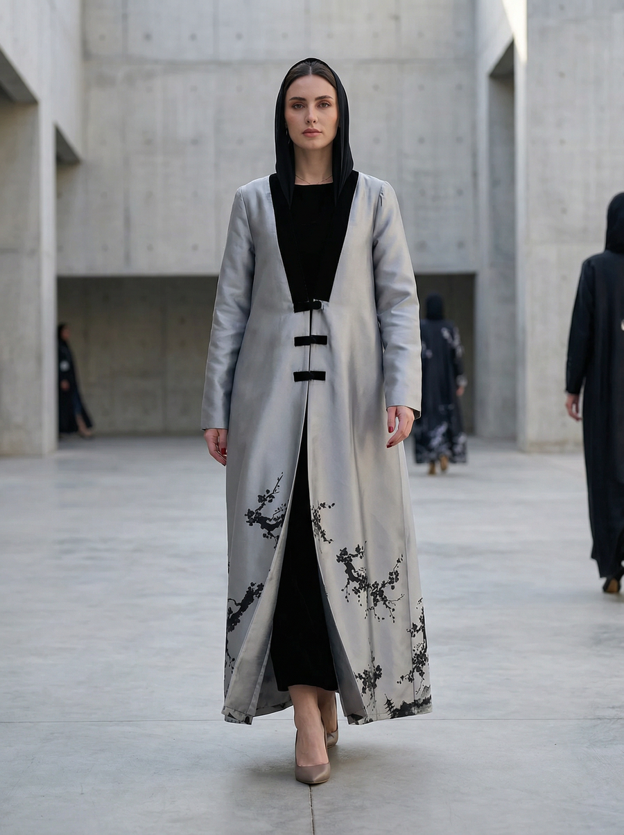 Lunar Veil Artistic Velvet Trim Abaya - Silver