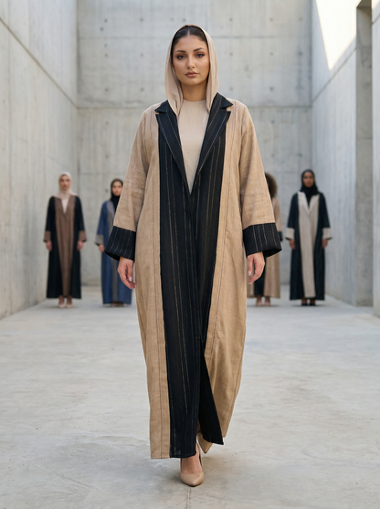 Two-Tone Linen-Blend Abaya with Black Pinstriped Center Panel