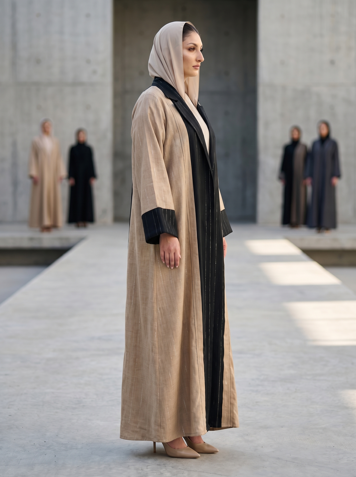 Two-Tone Linen-Blend Abaya with Black Pinstriped Center Panel