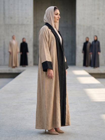Two-Tone Linen-Blend Abaya with Black Pinstriped Center Panel