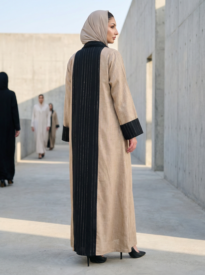 Two-Tone Linen-Blend Abaya with Black Pinstriped Center Panel