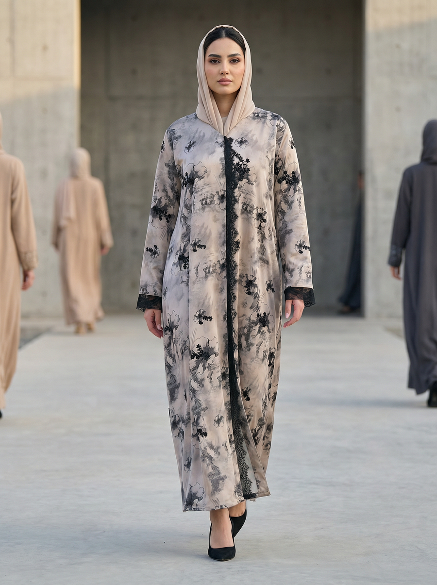 Celestial Royal Print Abaya with Black Lace Appliqué Detailing