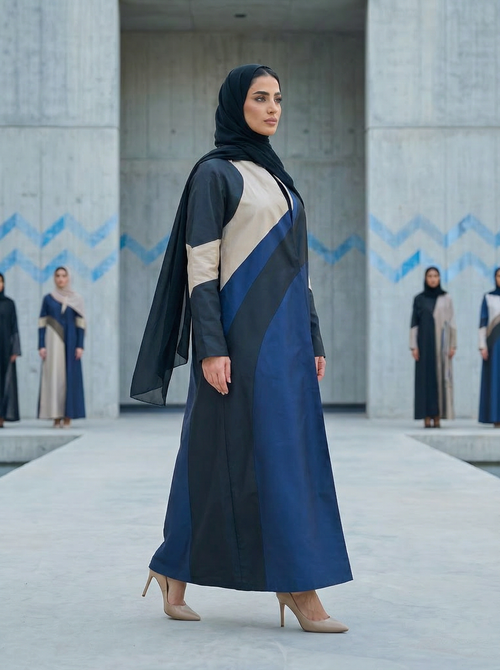 عباية عصرية تجريدية بألوان متداخلة باللون الكحلي والأسود والرملي – hover image