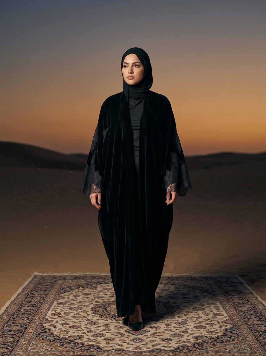Velvet Kimono Abaya with Lace Bell Sleeves