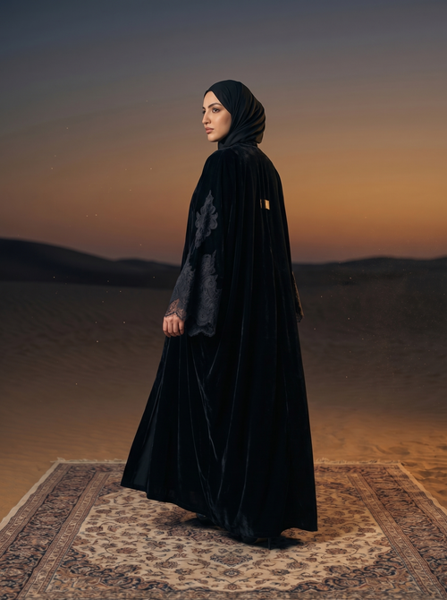 عباية كيمونو مخملية بأكمام جرس من الدانتيل – hover image
