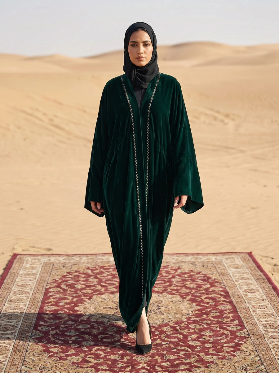 Green Velvet Open Abaya with Front Trim Detail & Back Floral Embroidery