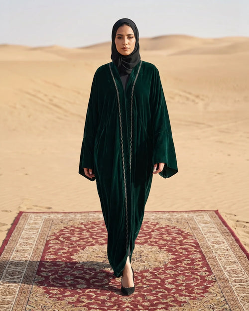 Green Velvet Open Abaya with Front Trim Detail & Back Floral Embroidery