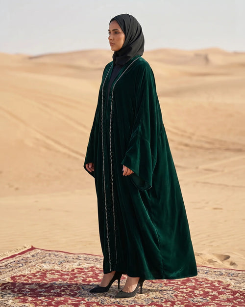 Green Velvet Open Abaya with Front Trim Detail & Back Floral Embroidery – hover image