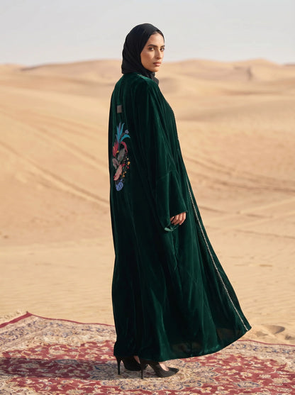 Green Velvet Open Abaya with Front Trim Detail & Back Floral Embroidery
